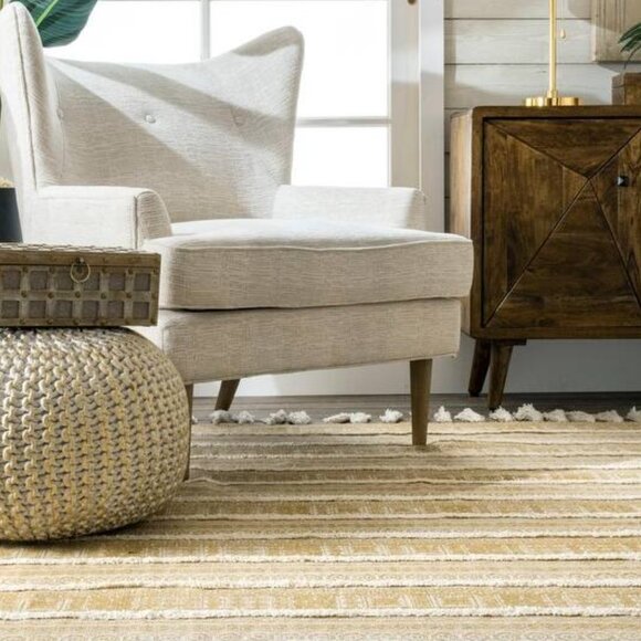 100% Cotton Greek Frieze Stripes Area Rug - 5x8 Tan & Ivory Tassels and Texture - Picture 1 of 9